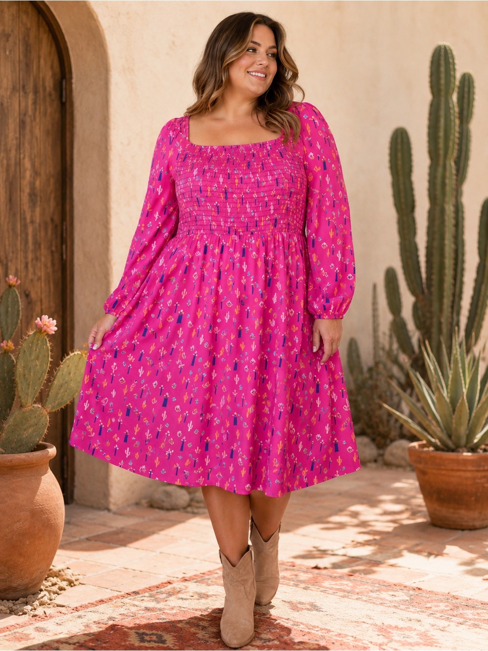 White Birch Boutique • Pink Smocked Cactus Print Midi Dress • Size XL • EUC